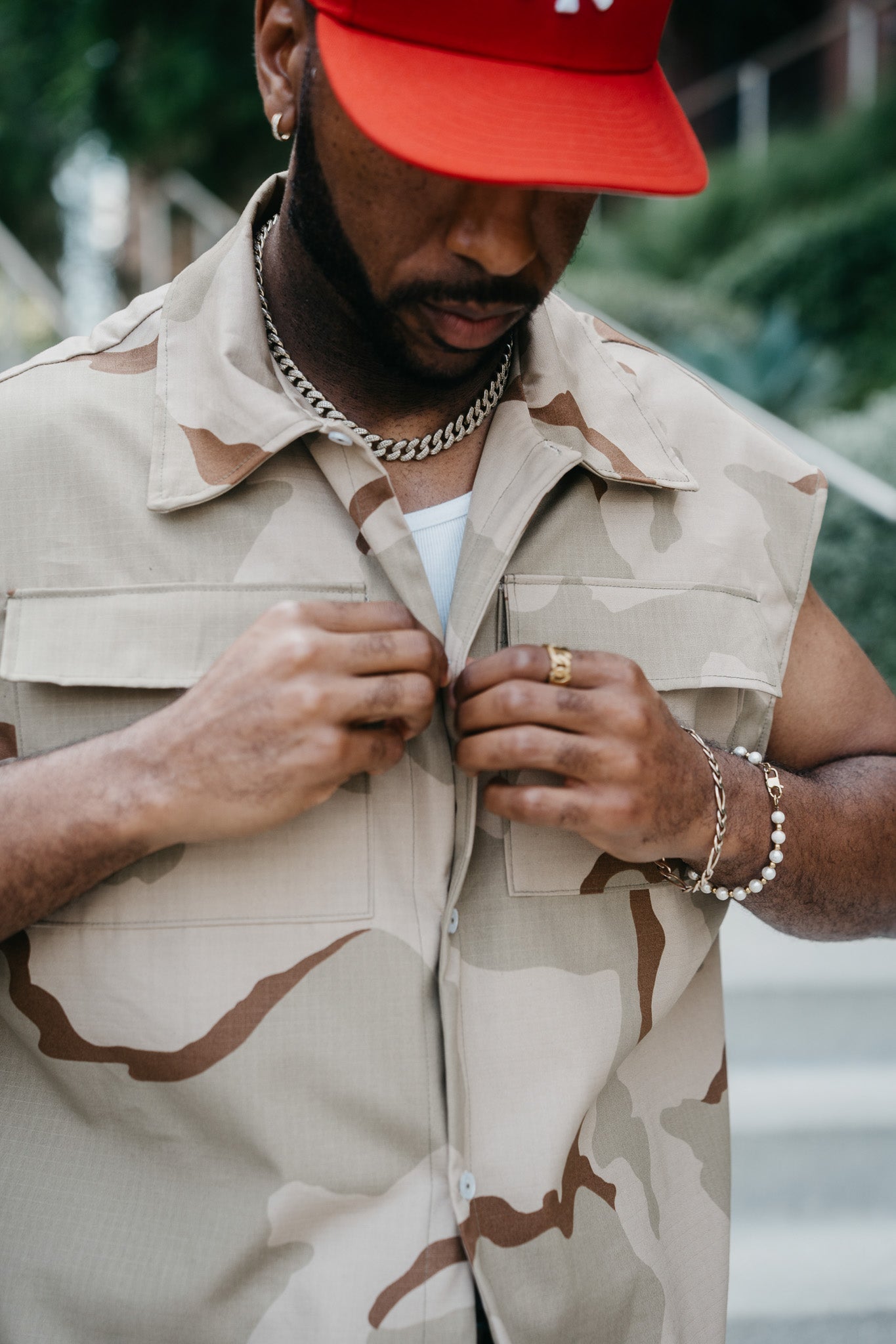 Camo Sleeveless Button Up