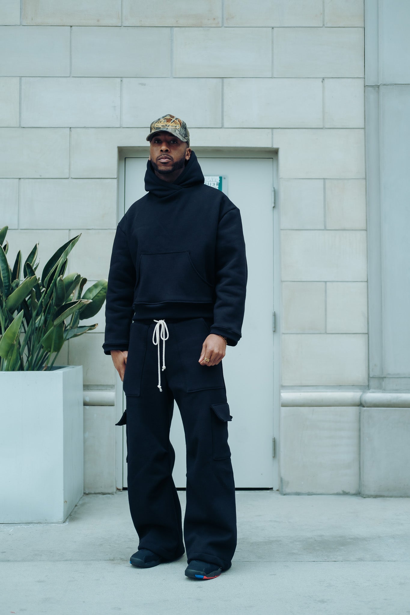 Premium Cotton Cargo Sweatpants- Black