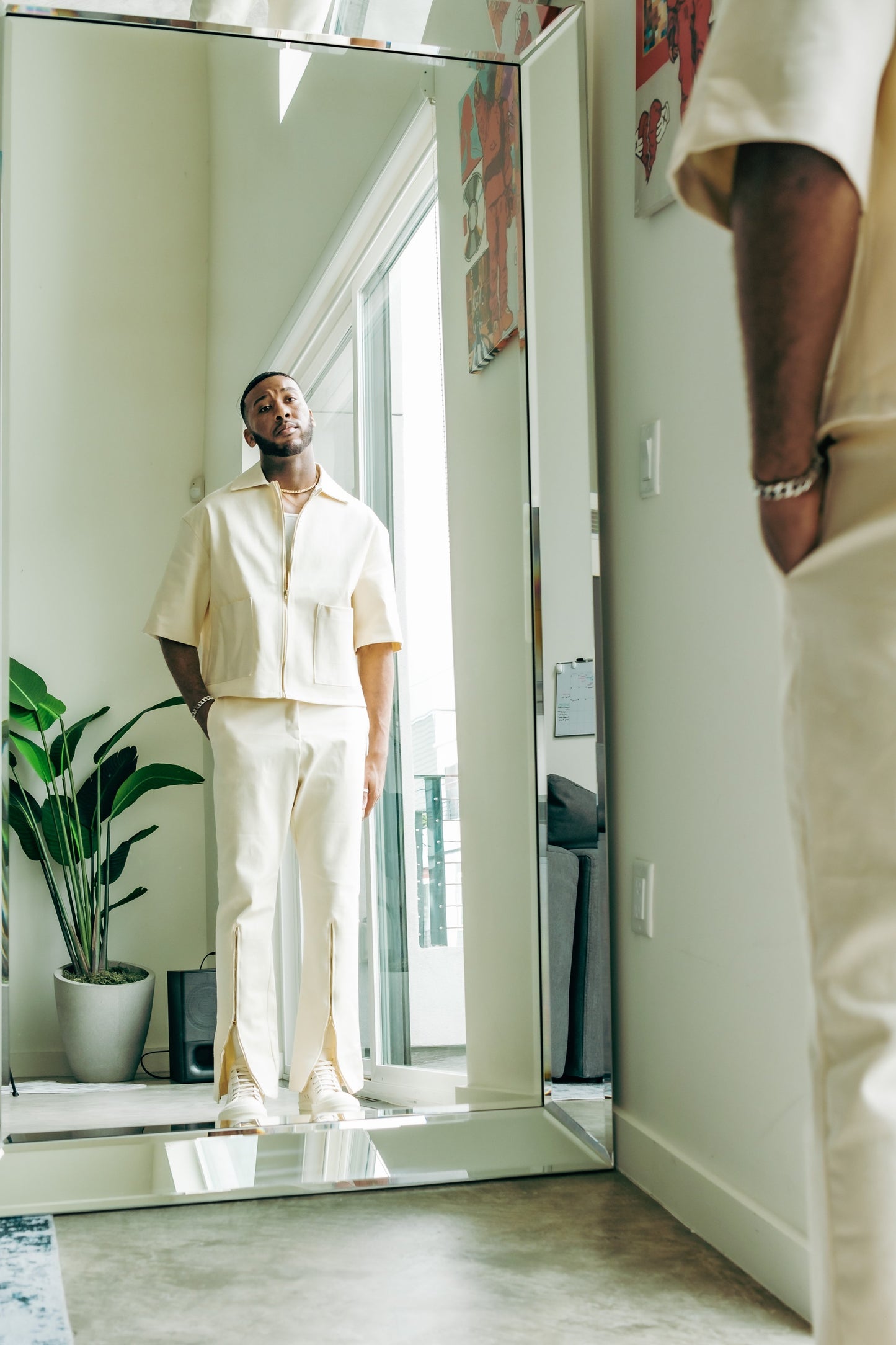 Oversized Boxy Denim Zip Shirt -Cream