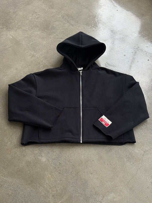 Premium Cotton Cropped Zip Hoodie- Black