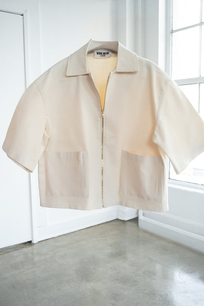 Oversized Boxy Denim Zip Shirt -Cream