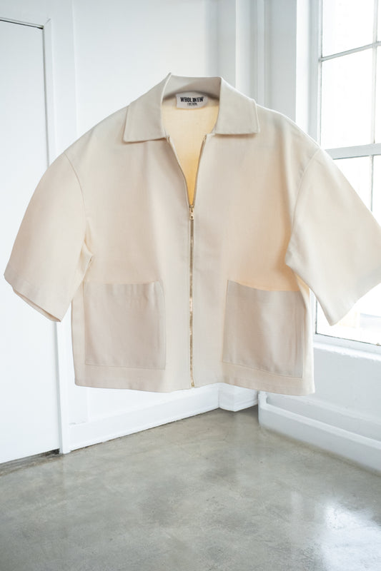 Oversized Boxy Denim Zip Shirt -Cream