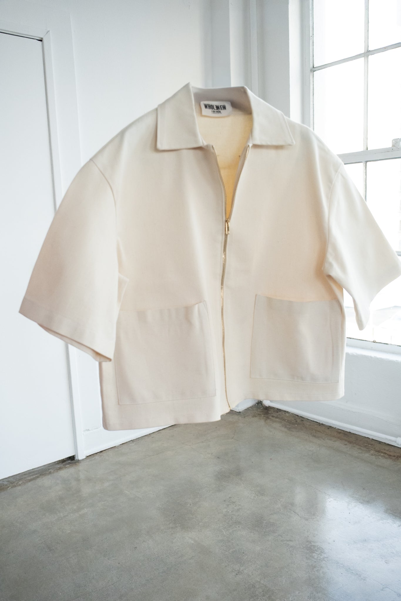 Oversized Boxy Denim Zip Shirt -Cream