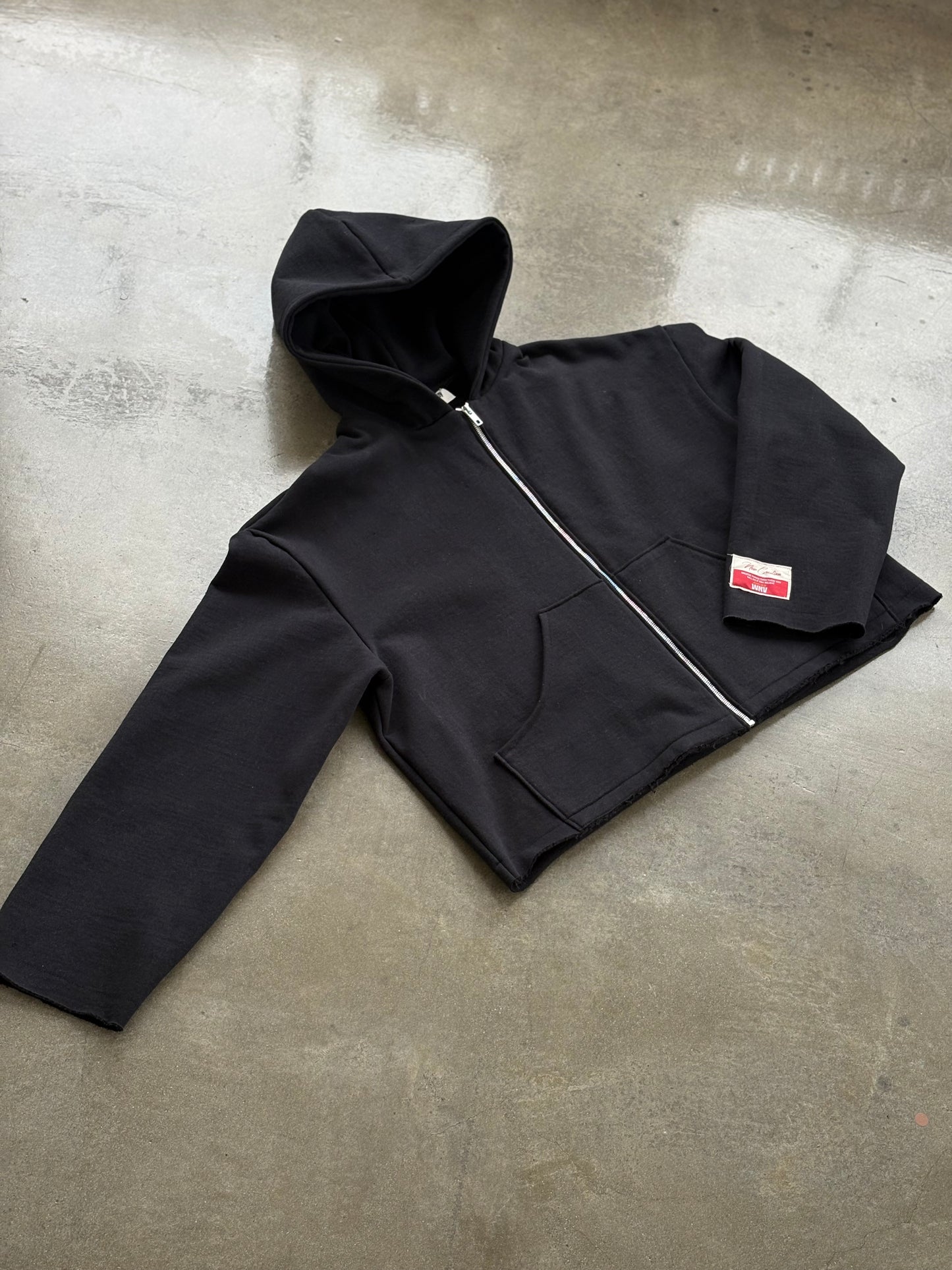 Premium Cotton Cropped Zip Hoodie- Black