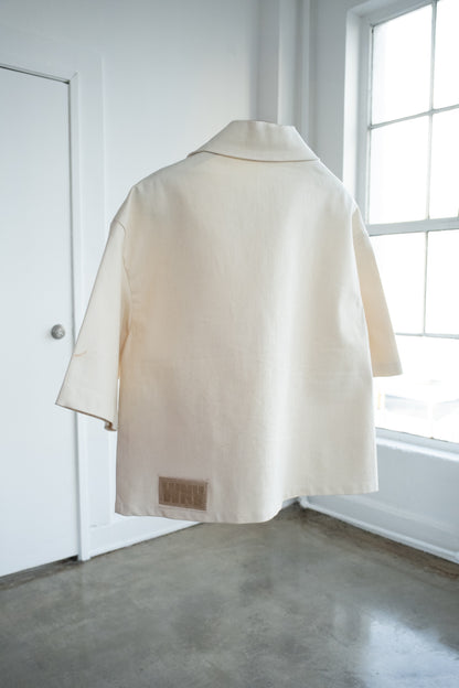 Oversized Boxy Denim Zip Shirt -Cream