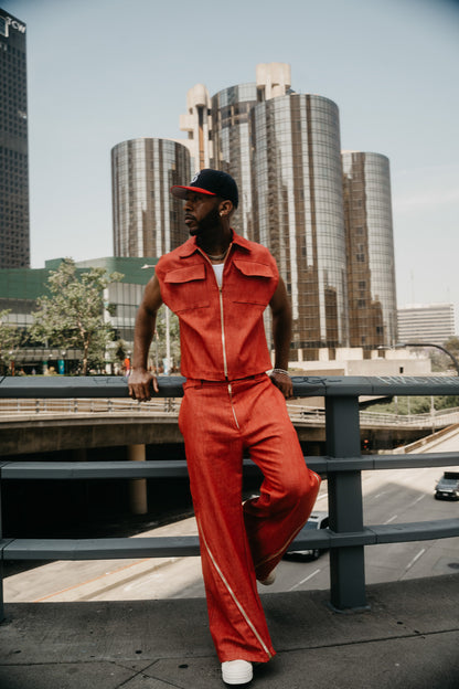 Red Denim Set Zip Shirt