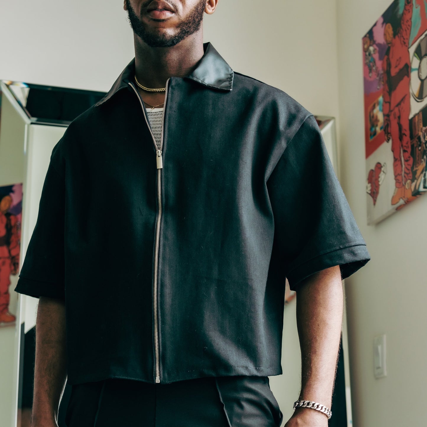 Oversized Boxy Denim Zip Shirt- Black