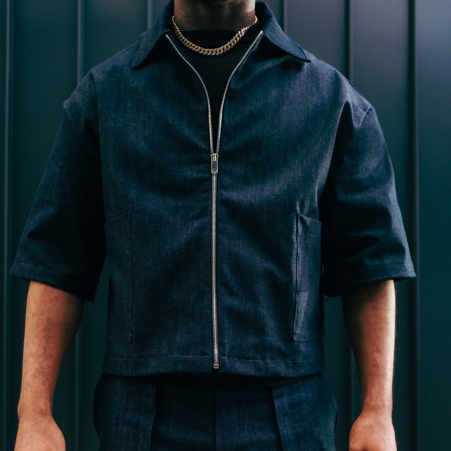 Oversized Boxy Denim Zip Shirt- Indigo