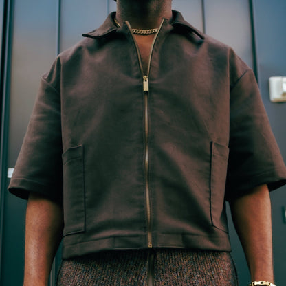 Oversized Suede Boxy Zip Shirt- Chocolate