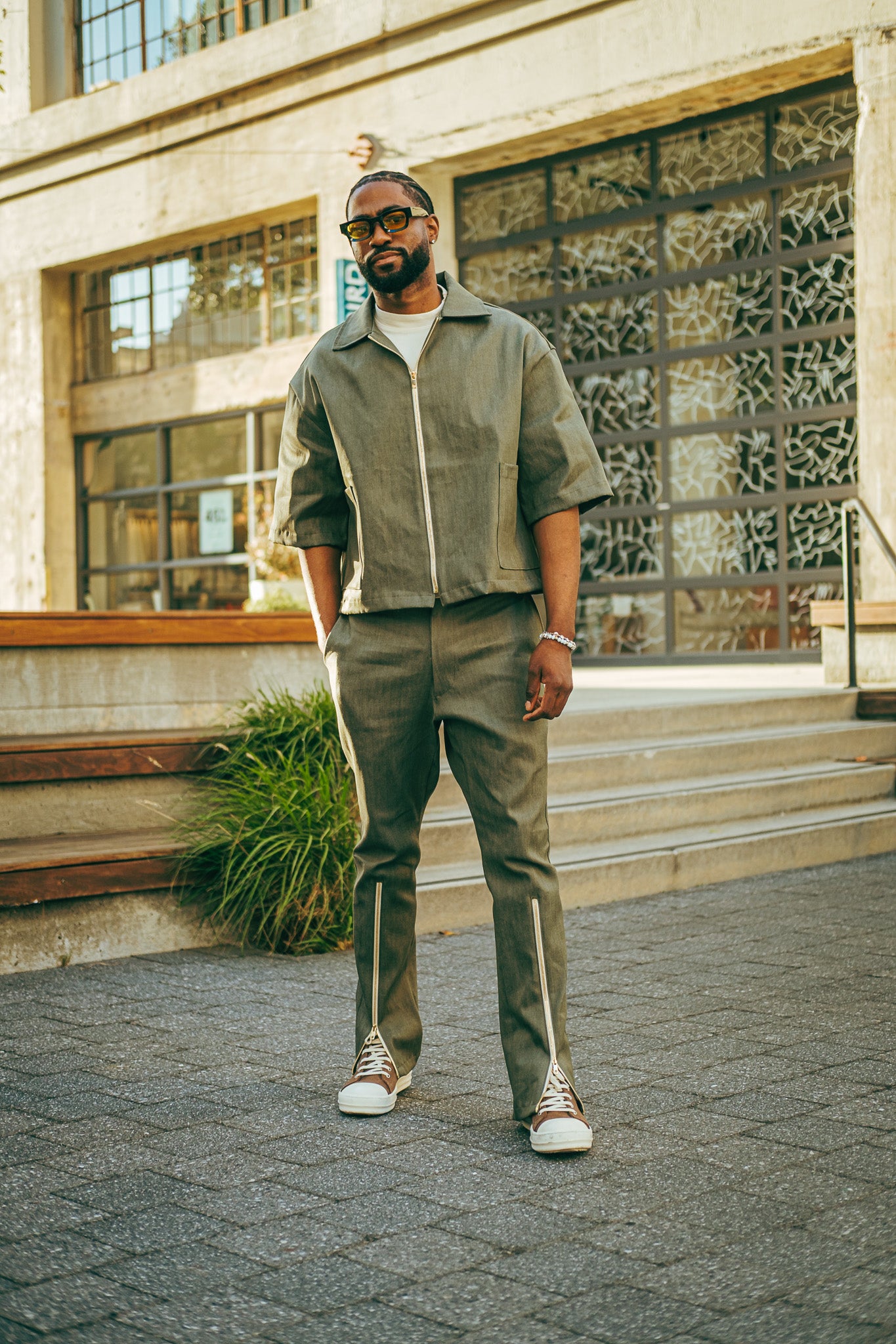 Denim QTR Zip Flare Pants- Green Denim Limited Edition