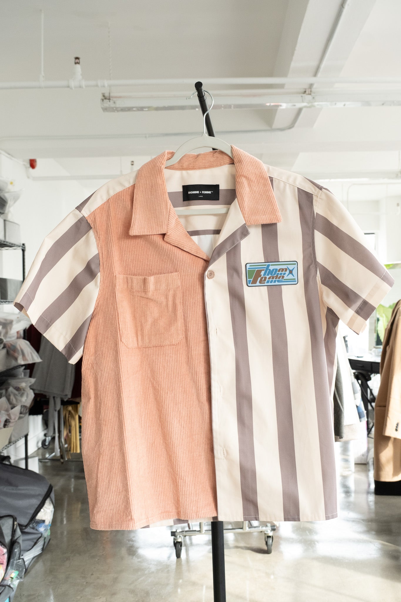 HF pink and gray stripe shirt- L