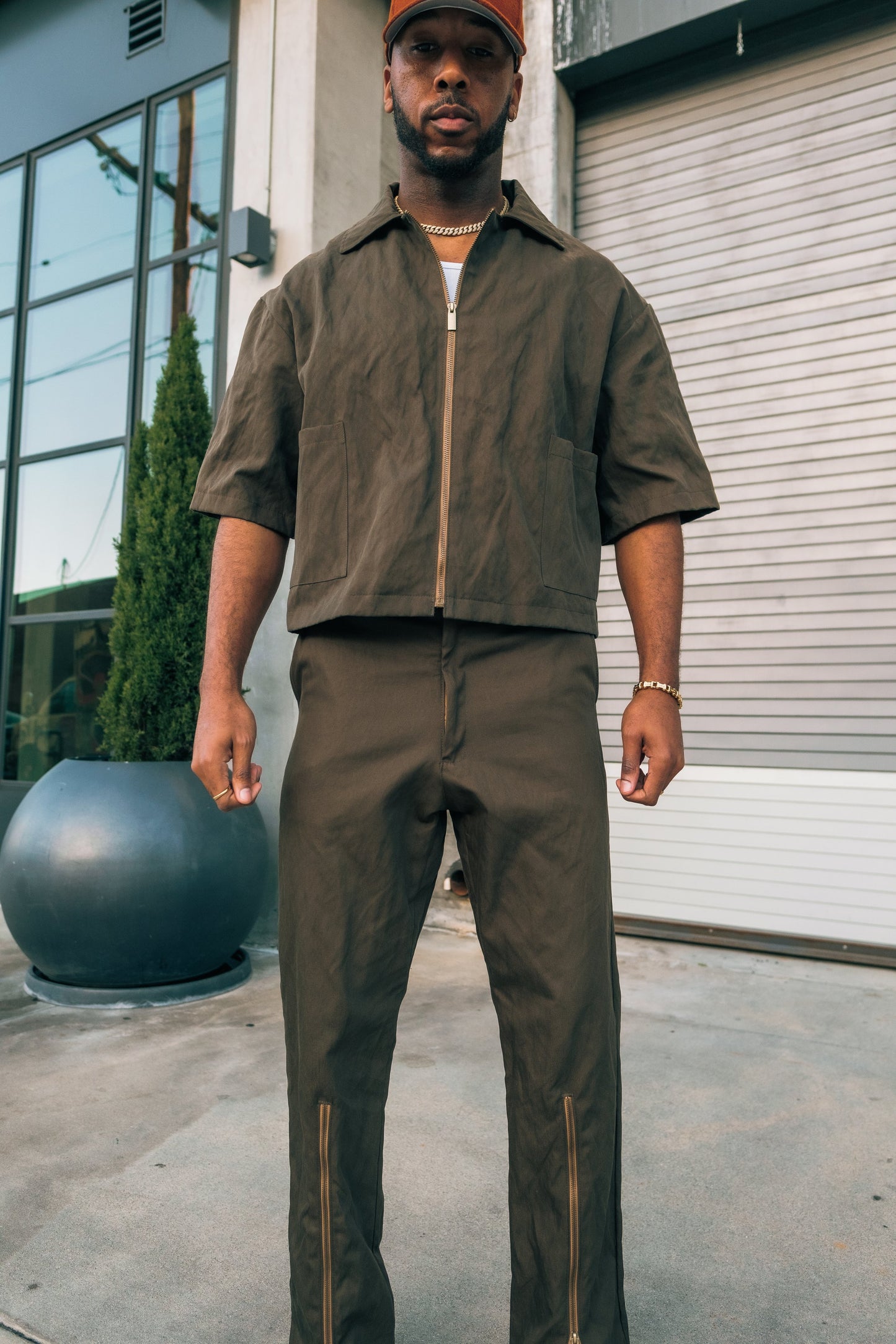 Oversized Crinkled Denim Boxy Zip Shirt- Olive