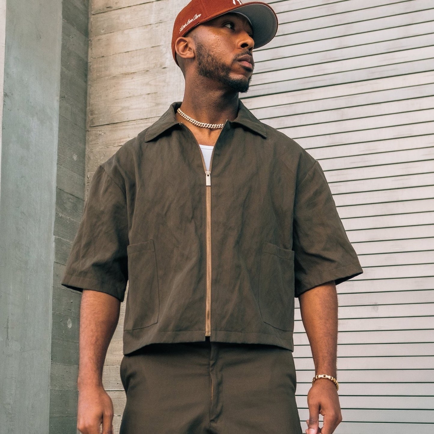 Oversized Crinkled Denim Boxy Zip Shirt- Olive