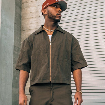 Oversized Crinkled Denim Boxy Zip Shirt- Olive