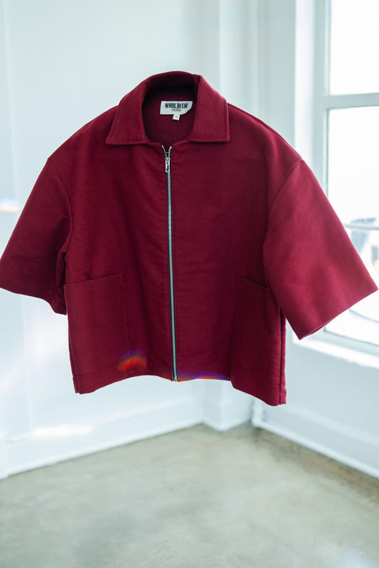 Oversized Boxy Suede Zip Shirt - Merlot