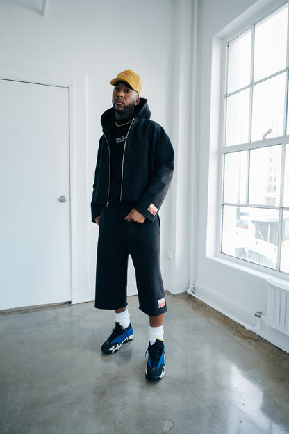 Premium Cotton Cropped Zip Hoodie- Black