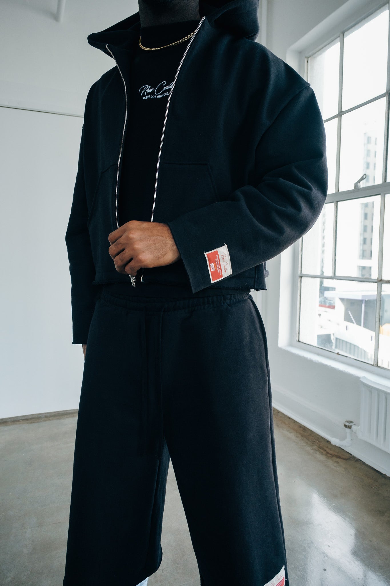 Premium Cotton Cropped Zip Hoodie- Black