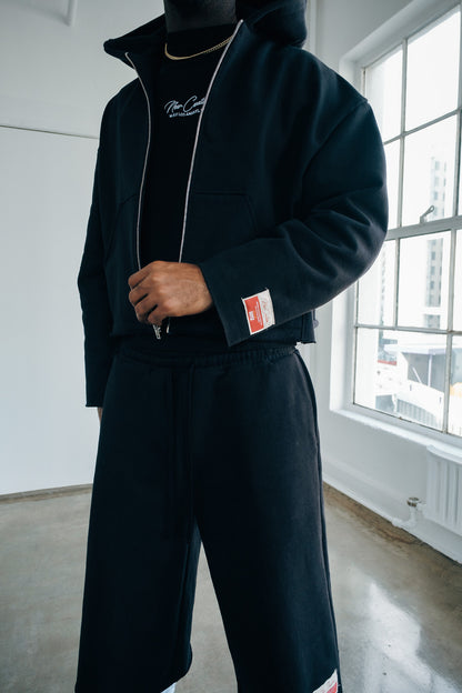 Premium Cotton Cropped Zip Hoodie- Black