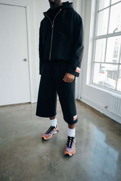 Premium Cotton Cropped Zip Hoodie- Black