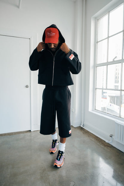Premium Cotton Cropped Zip Hoodie- Black
