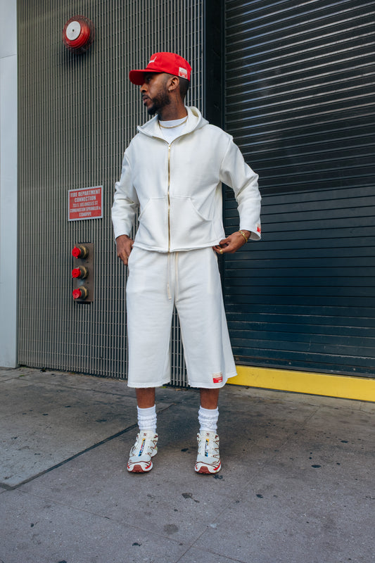 Premium Cotton Cropped Zip Hoodie- Off White