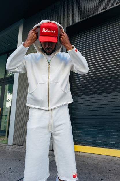 Premium Cotton Cropped Zip Hoodie- Off White