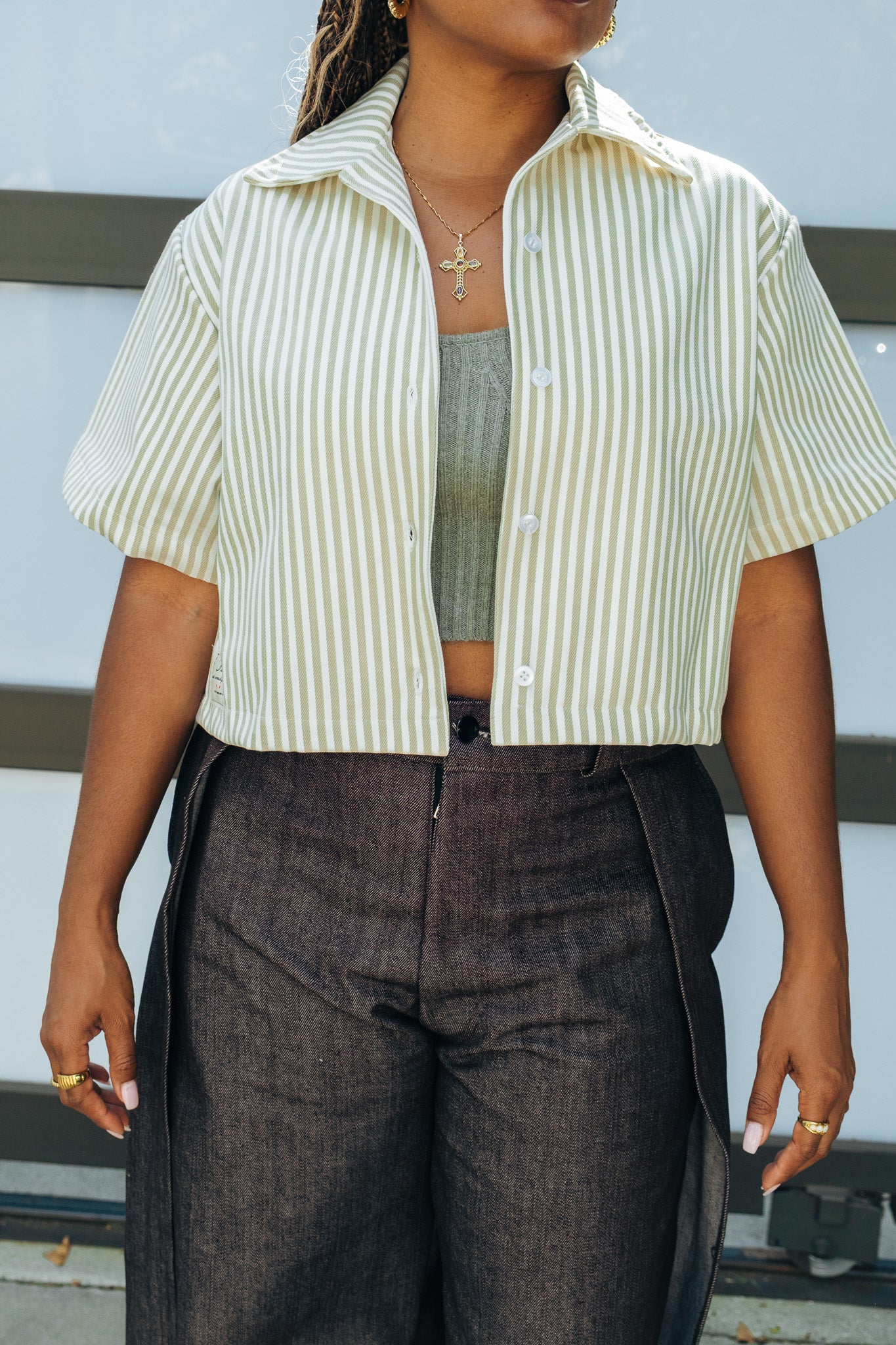 WMN Khaki Stripe Button Up