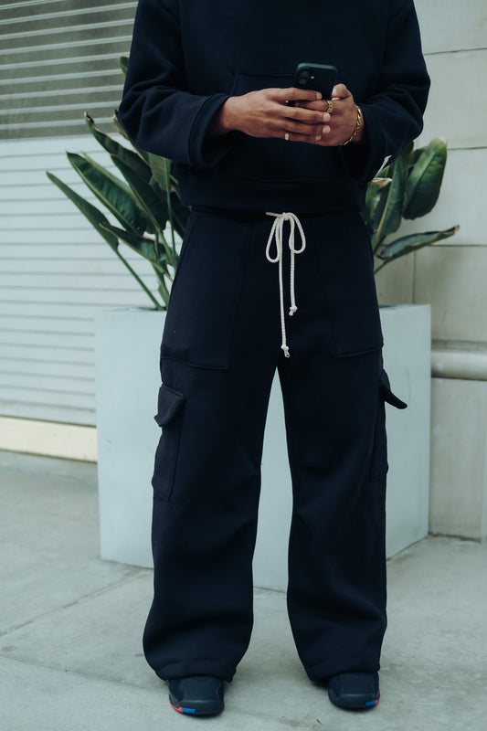 Premium Cotton Cargo Sweatpants- Black